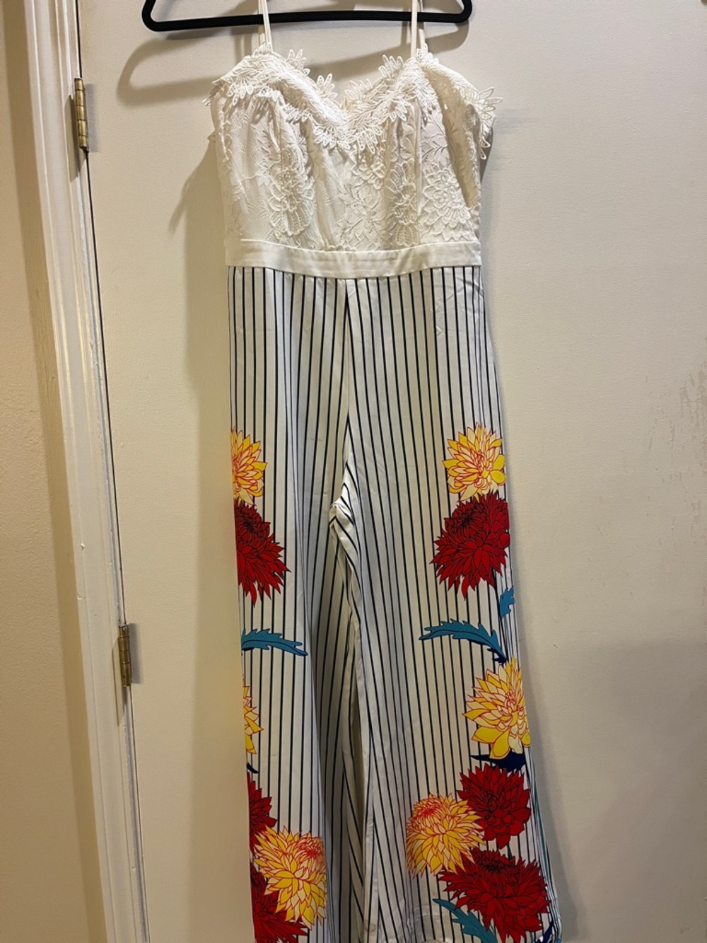 White Lace Bodice Floral Stripe Jumpsuit
